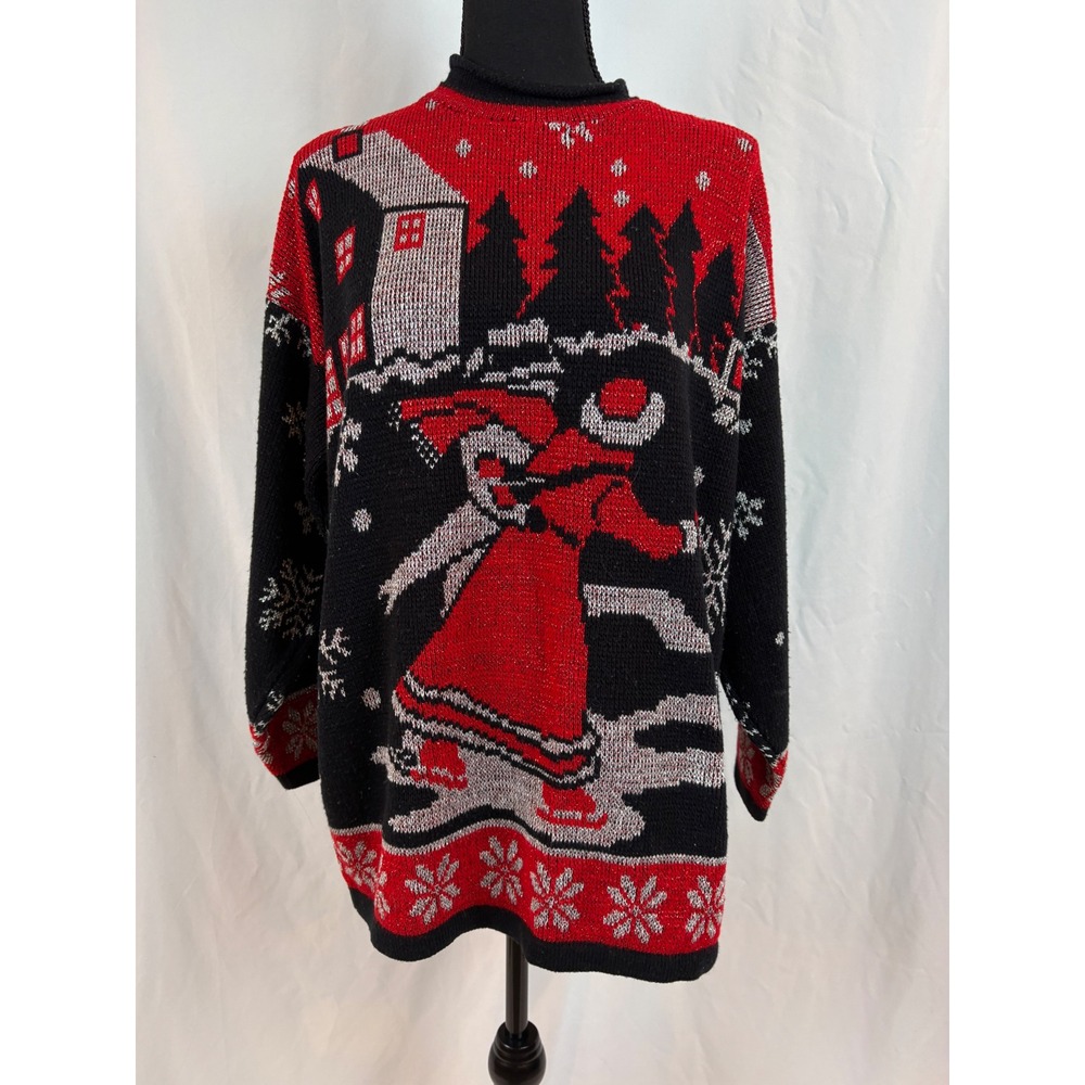 Vintage Holiday Time Christmas Sweater Black Silver Lurex‎ Winter Scene Medium